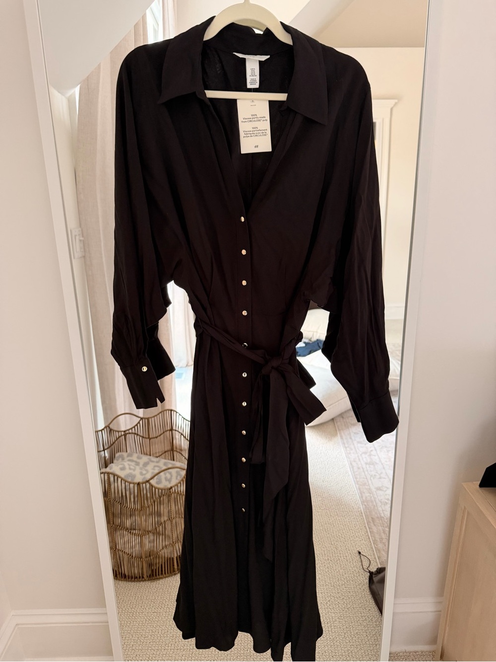 NWT H&M Black Long-Sleeve Button-Front Tie-Waist Shirt Dress - Picture 1 of 4